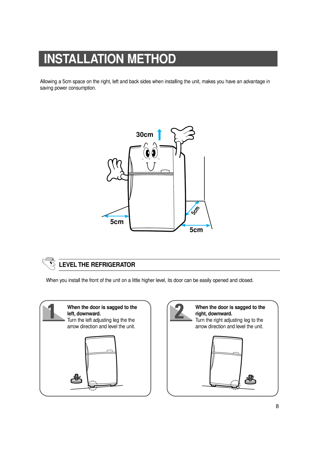 Samsung SR-519/569, SR -V52/V57 manual Installation Method, Level the Refrigerator, When the door is sagged to 