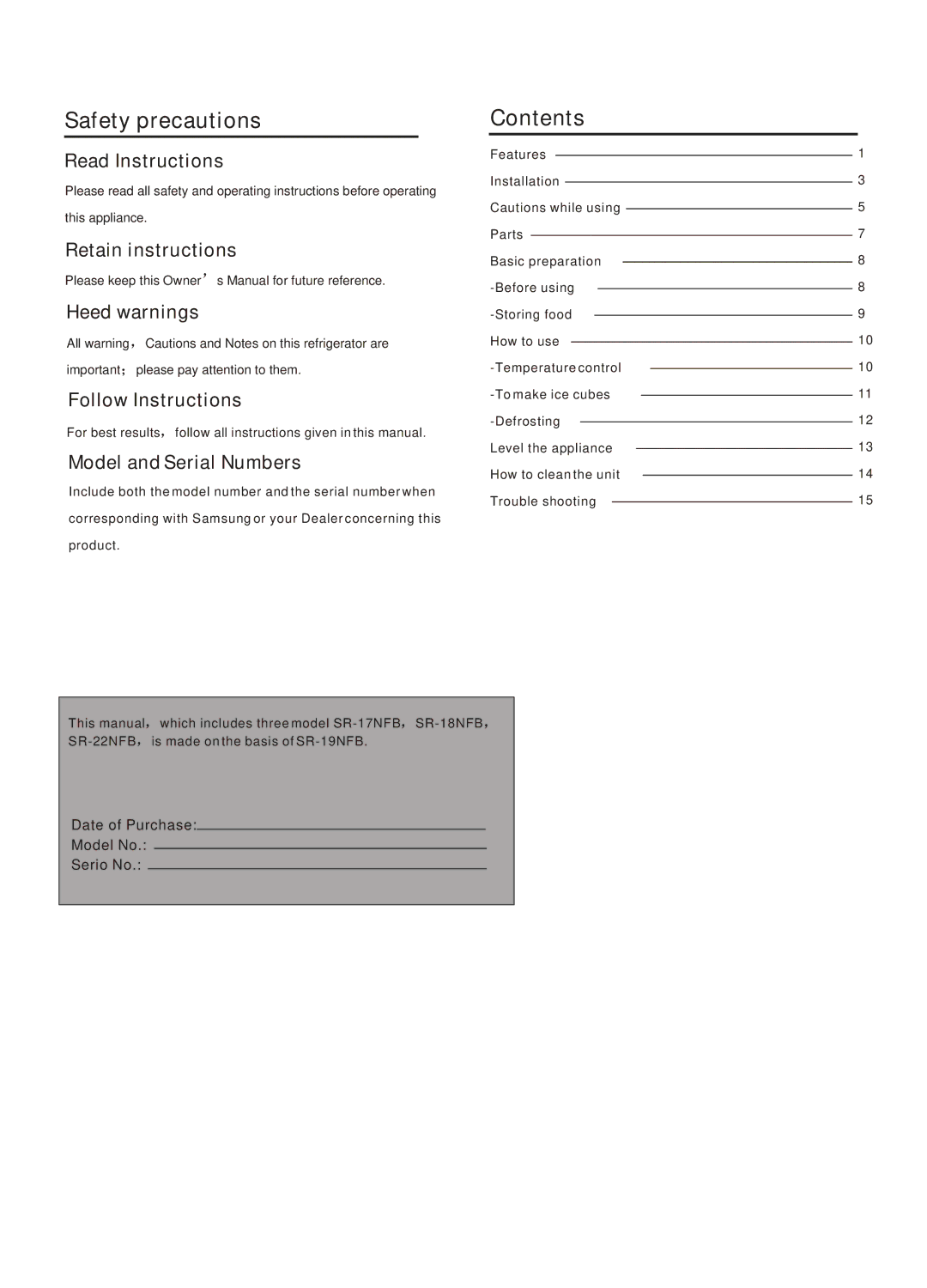 Samsung SR-18NFBA/XSV, SR-18NFBB/XSV, SR17AVRGHN/XSV, SR-17NFB/XSV, SR22BCSWHL/BUS manual Safety precautions, Contents 