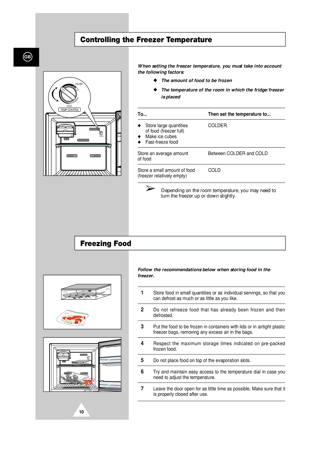 Samsung SR-43NXA, SR-29NXA, SR-32RMB, SR-29NXB, SR-28NMB, SR-29RXB, SR-33RXB Controlling the Freezer Temperature, Freezing Food 