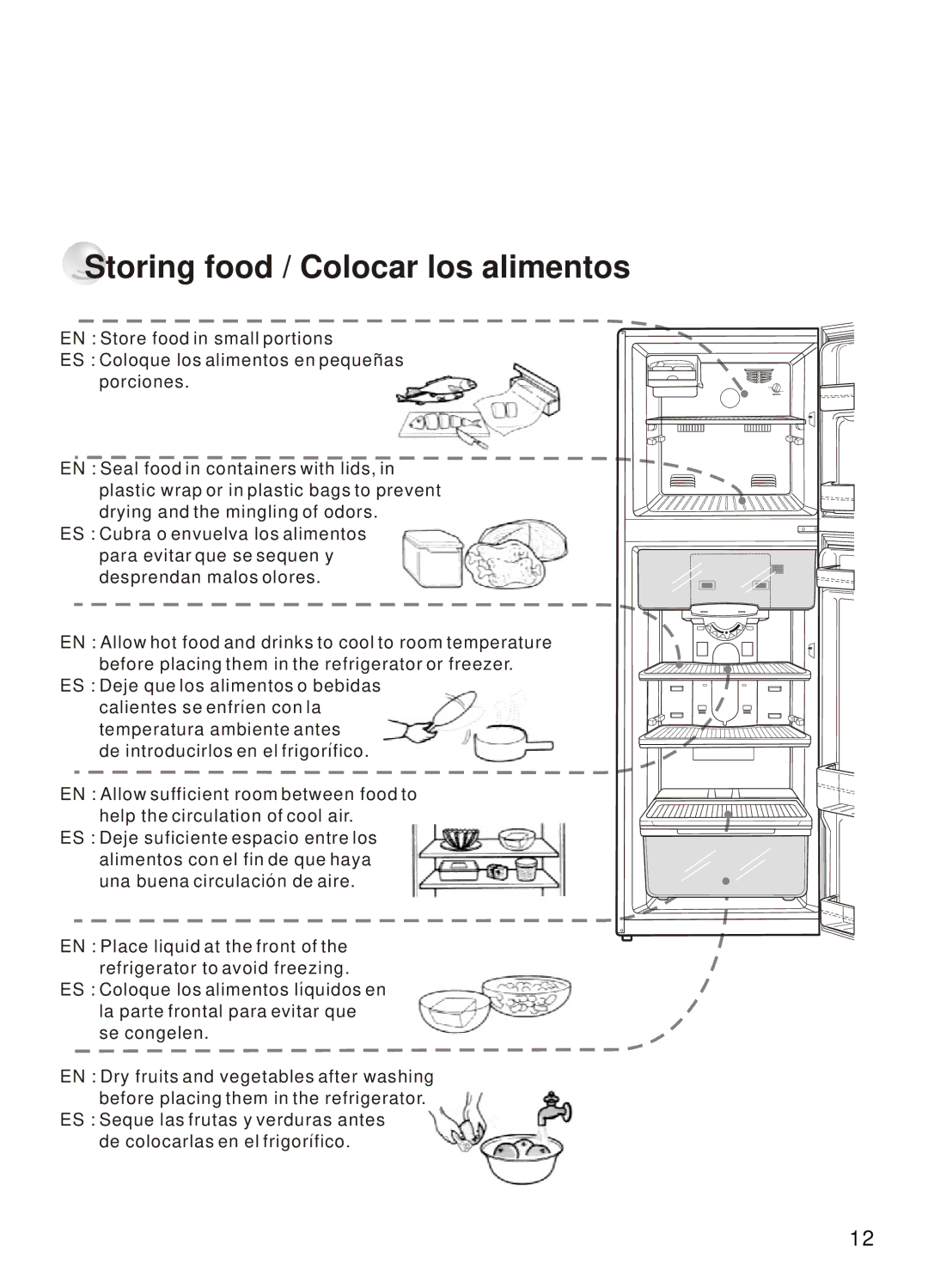 Samsung SR-28/29, SR-32/33, SR-42/43, SR-38/39 manual Storing food / Colocar los alimentos 