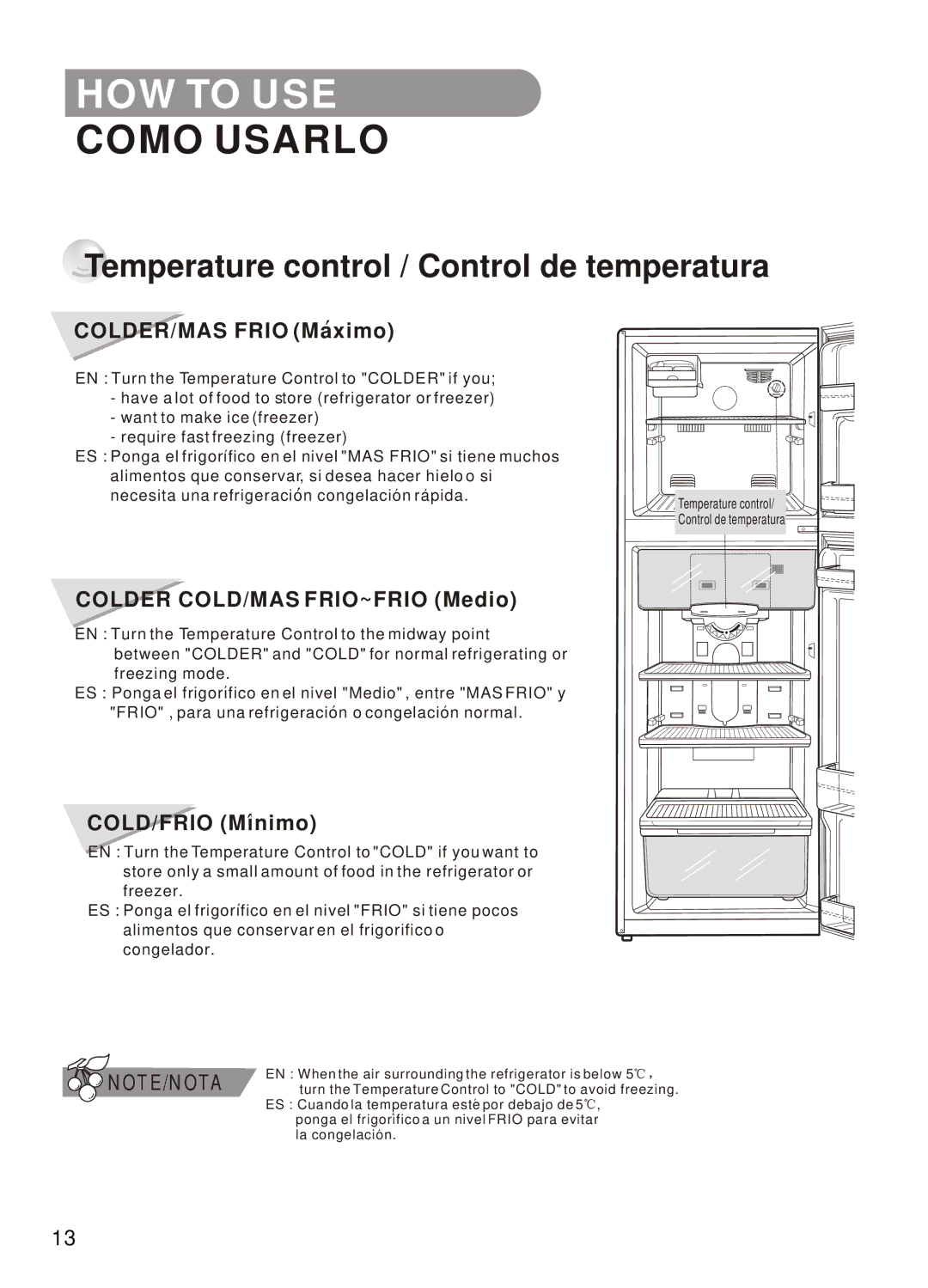 Samsung SR-42/43, SR-32/33, SR-28/29, SR-38/39 manual HOW to USE, Temperature control / Control de temperatura 