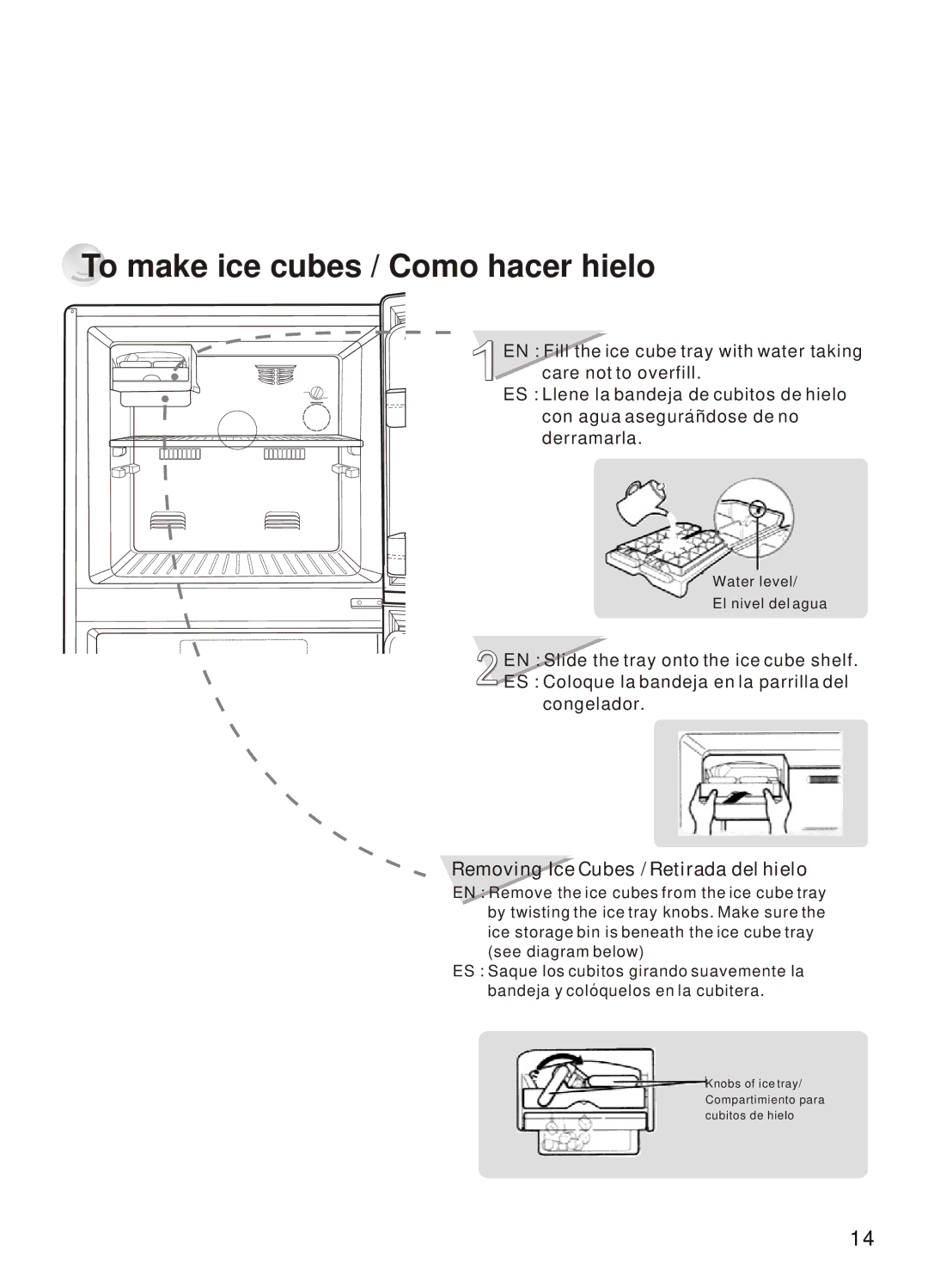 Samsung SR-38/39, SR-32/33, SR-28/29, SR-42/43 To make ice cubes / Como hacer hielo, Removing Ice Cubes / Retirada del hielo 