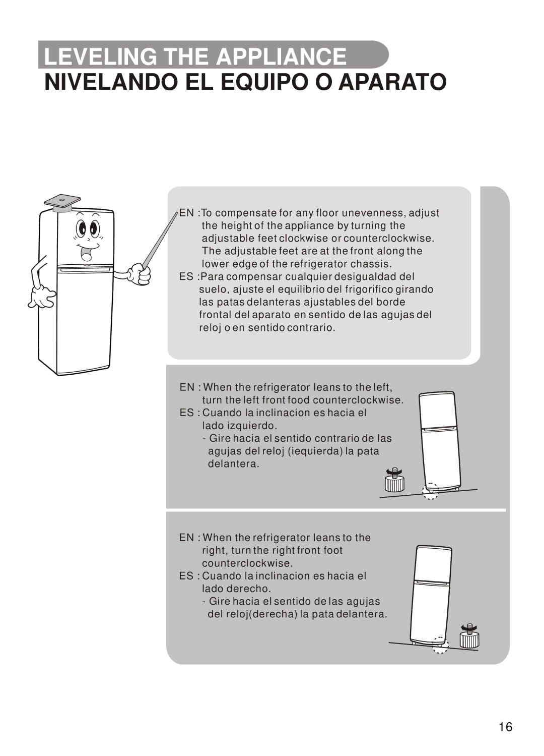 Samsung SR-28/29, SR-32/33, SR-42/43, SR-38/39 manual Leveling the Appliance Nivelando EL Equipo O Aparato 