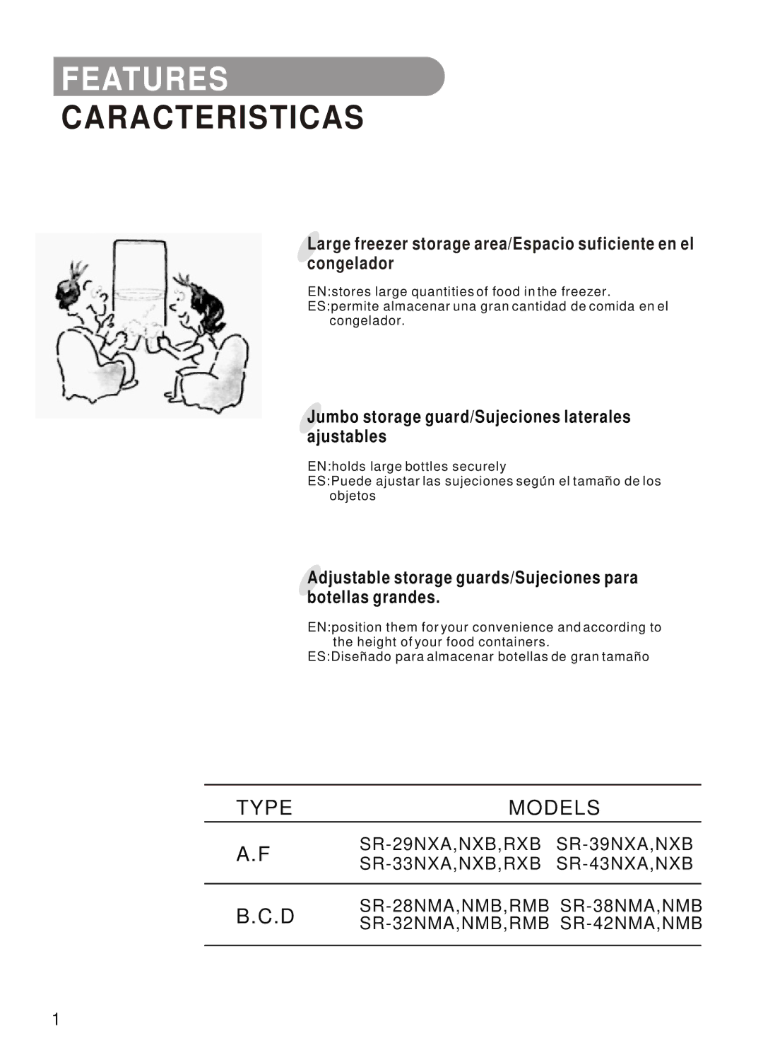 Samsung SR-42/43, SR-32/33, SR-28/29, SR-38/39 manual Features, Caracteristicas 