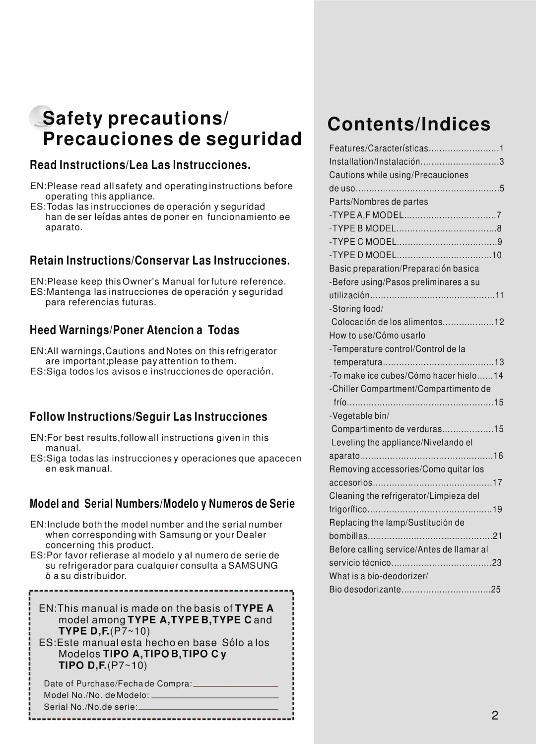 Samsung SR-38/39, SR-32/33, SR-28/29, SR-42/43 manual Safety precautions/ Precauciones de seguridad 