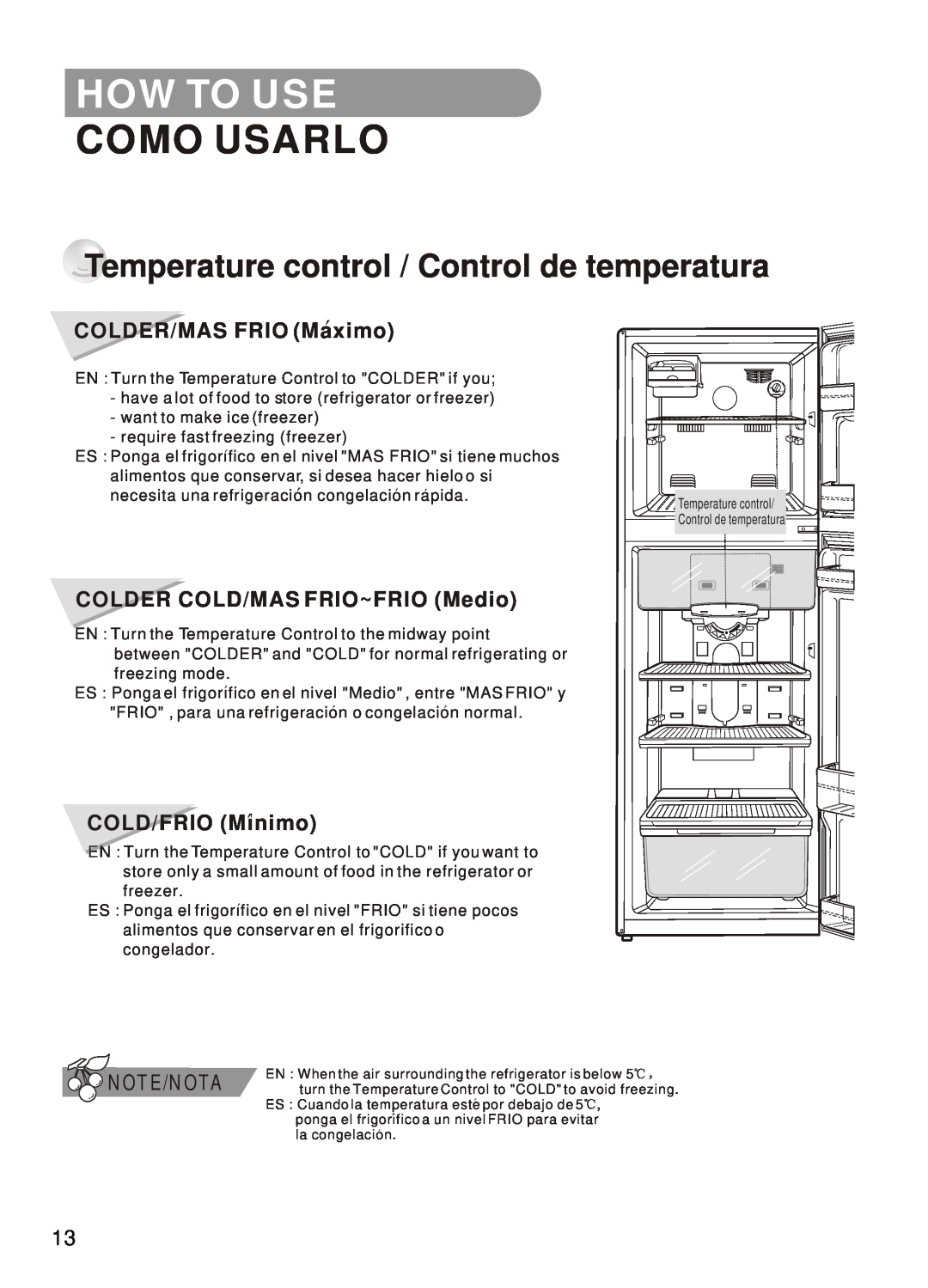 Samsung SR-42/43 How To Use, Como Usarlo, Temperature control / Control de temperatura, COLDER/MAS FRIO Maximo, Note/Nota 