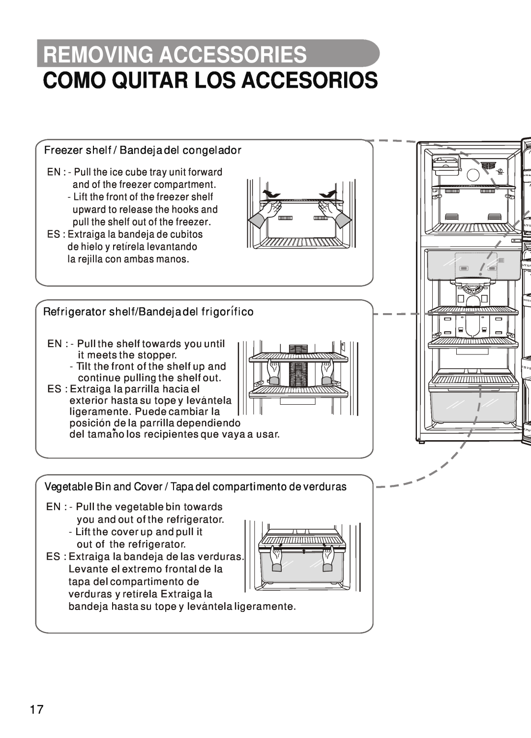 Samsung SR-42/43, SR-32/33 manual Removing Accessories, Como Quitar Los Accesorios, Freezer shelf / Bandeja del congelador 
