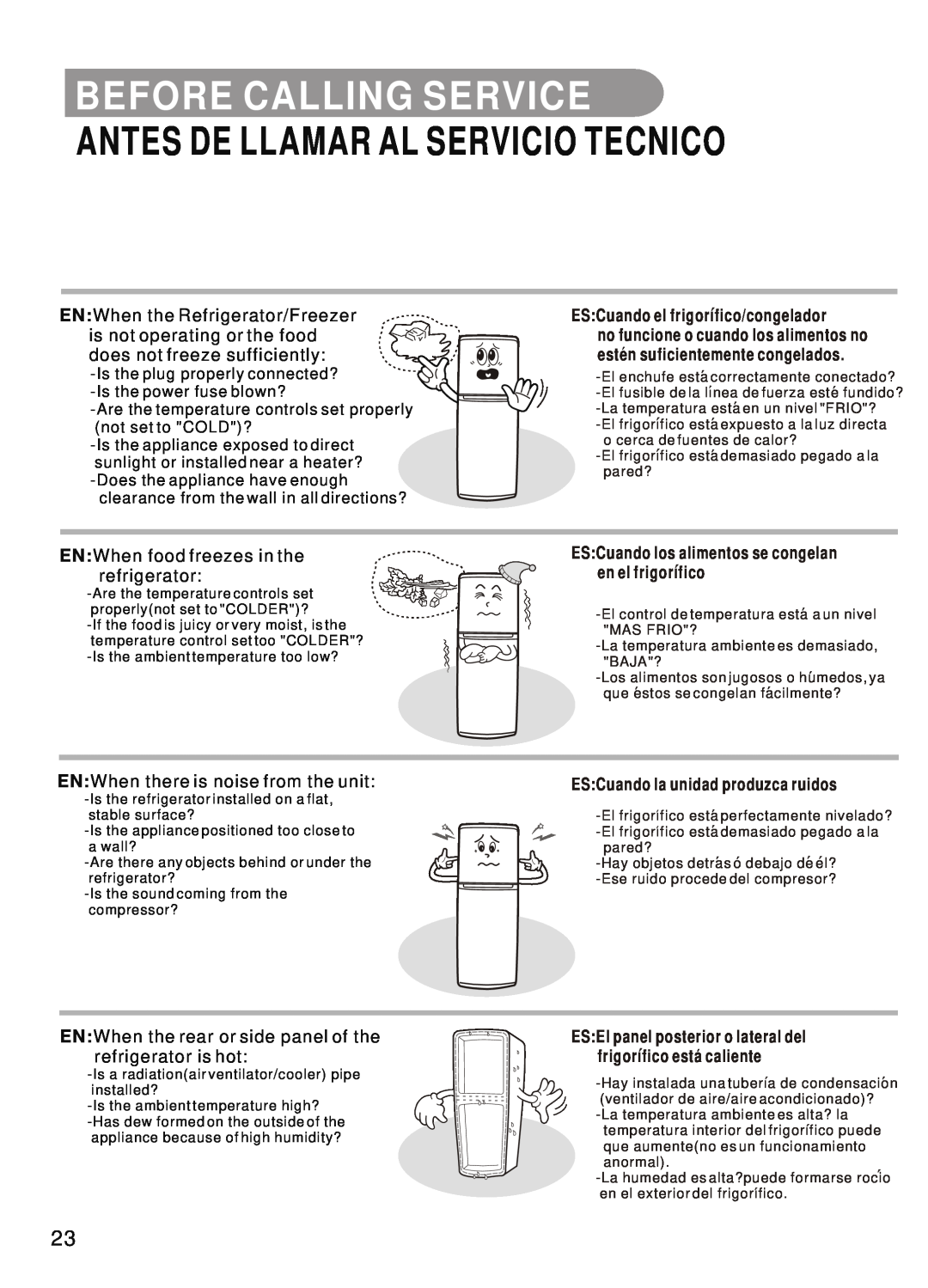 Samsung SR-32/33 manual Before Calling Service, Antes De Llamar Al Servicio Tecnico, ES Cuando el frigorifico/congelador 