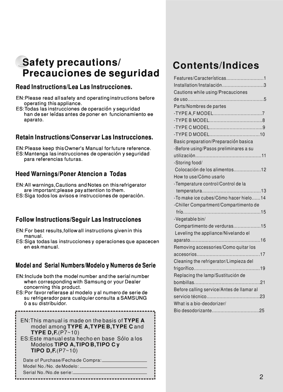 Samsung SR-38/39 Safety precautions/ Precauciones de seguridad, Contents/Indices, Read Instructions/Lea Las Instrucciones 