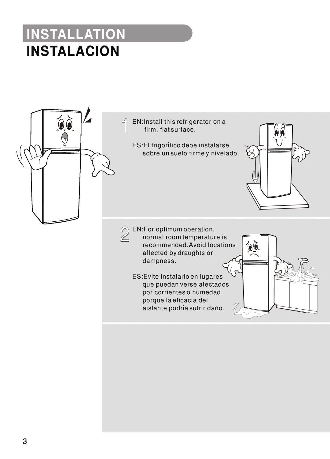 Samsung SR-32/33, SR-28/29, SR-42/43 manual Installation, Instalacion, EN Install this refrigerator on a, firm, flat surface 