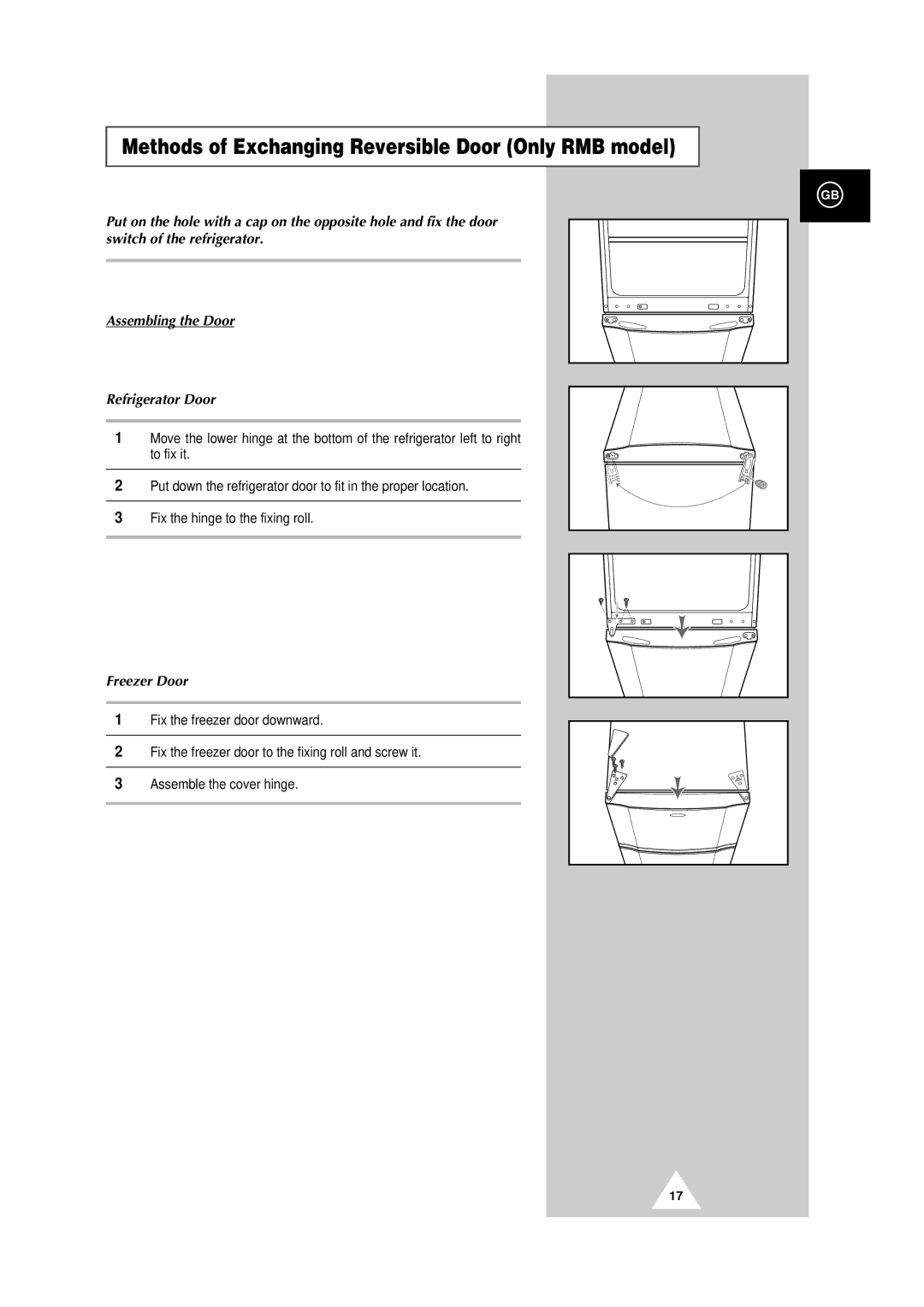 Samsung SR-30NMB, SR-37RMB, SR-37NMB, SR-30RMB, SR-30NMA, SR-34NMB Methods of Exchanging Reversible Door Only RMB model 