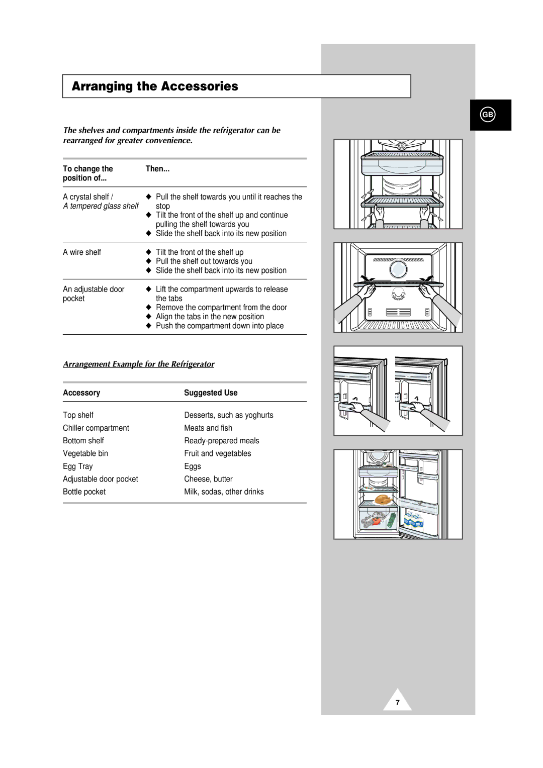 Samsung SR-37NMA, SR-37RMB, SR-37NMB, SR-30NMB Arranging the Accessories, To change Then Position, Accessory Suggested Use 