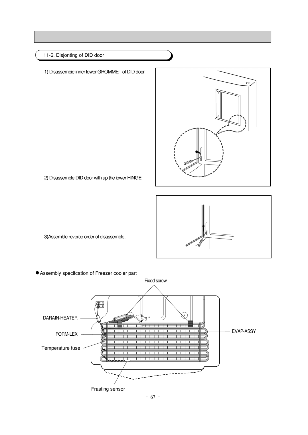 Samsung SR-69NMC, SR-65KTC Disjonting of DID door, Disassembie inner lower GROMMET of DID door, Fixed screw, Darain-Heater 