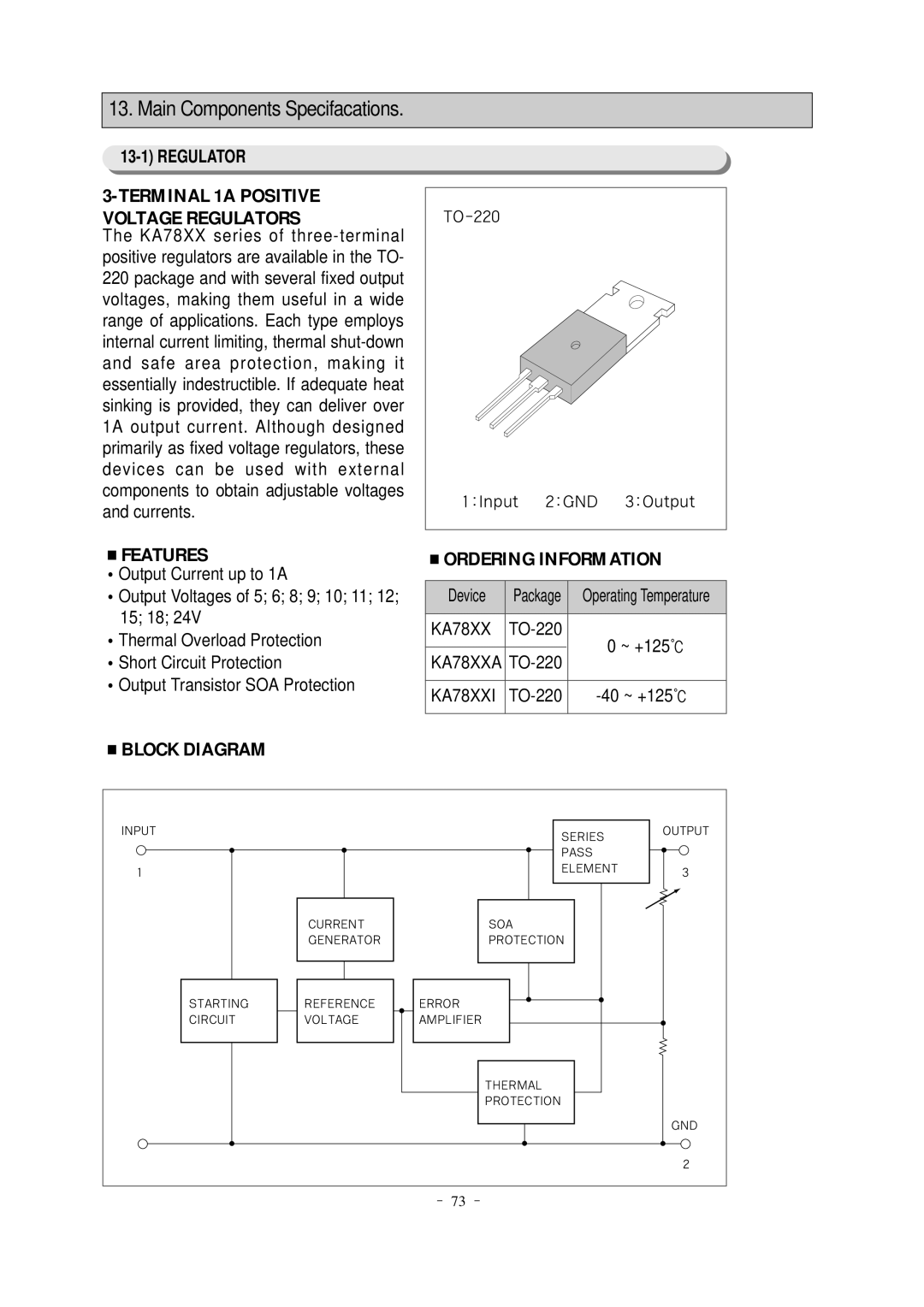 Samsung SR-61KTC, SR-65KTC Main Components Specifacations, Features, Ordering Information, Block Diagram, 13-1REGULATOR 