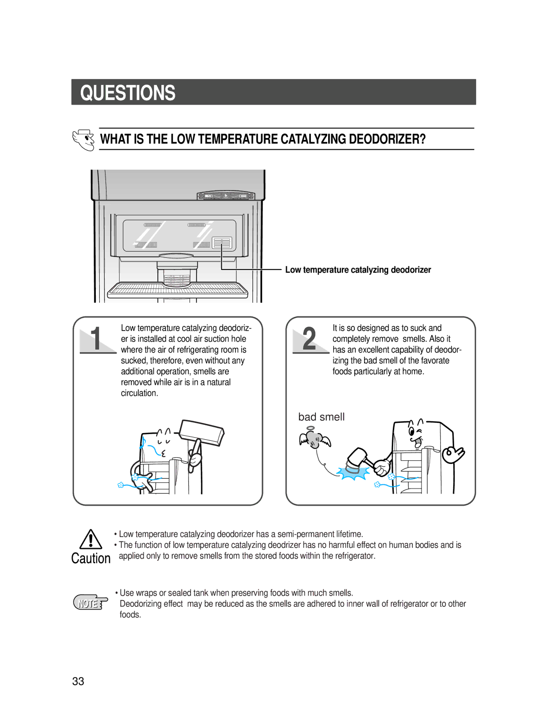 Samsung SR-688EV, SR-646EV, SR-686EV, SR-606EV, SR-648EV, SR-608EV manual Questions, Low temperature catalyzing deodorizer 