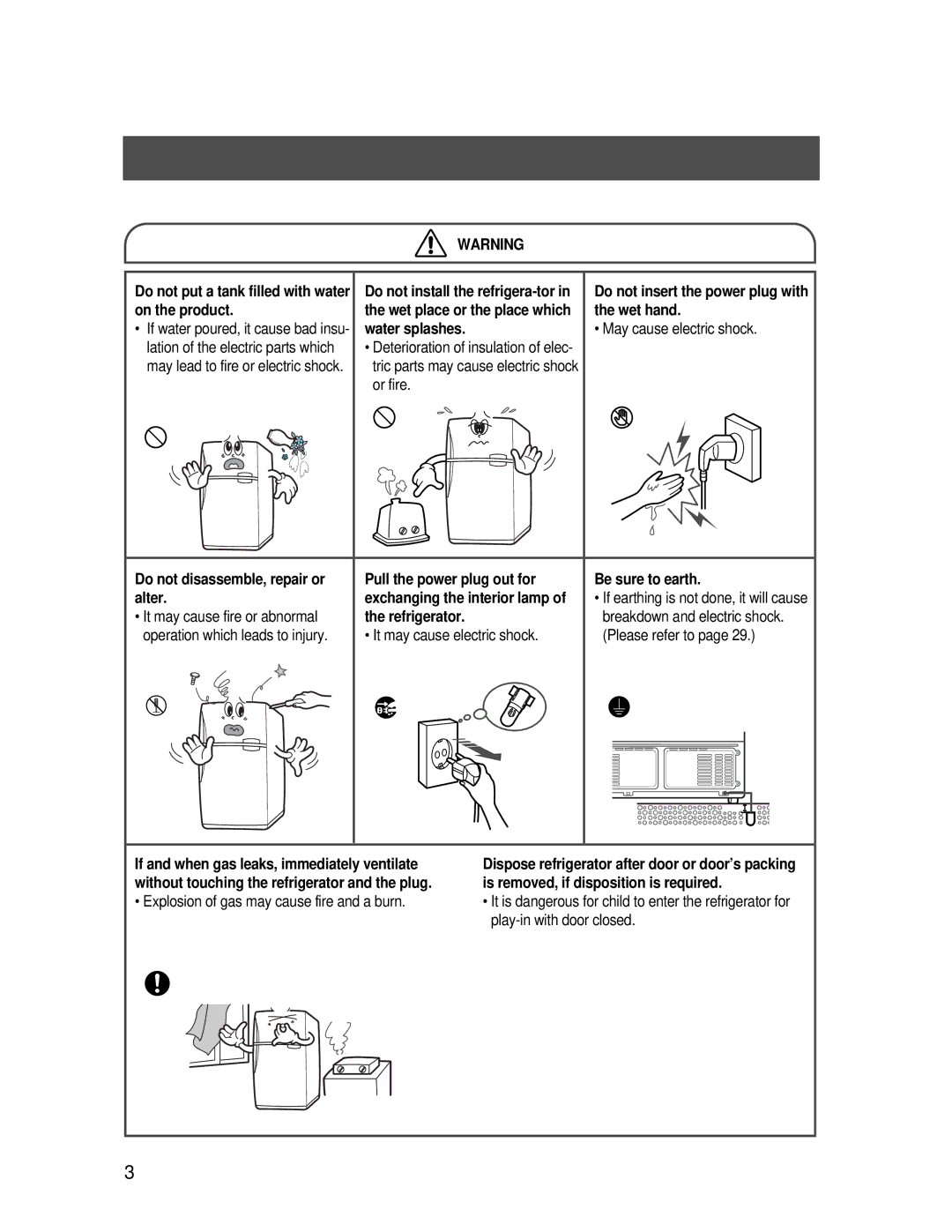 Samsung SR-606EV manual Do not put a tank filled with water on the product, Do not insert the power plug with the wet hand 