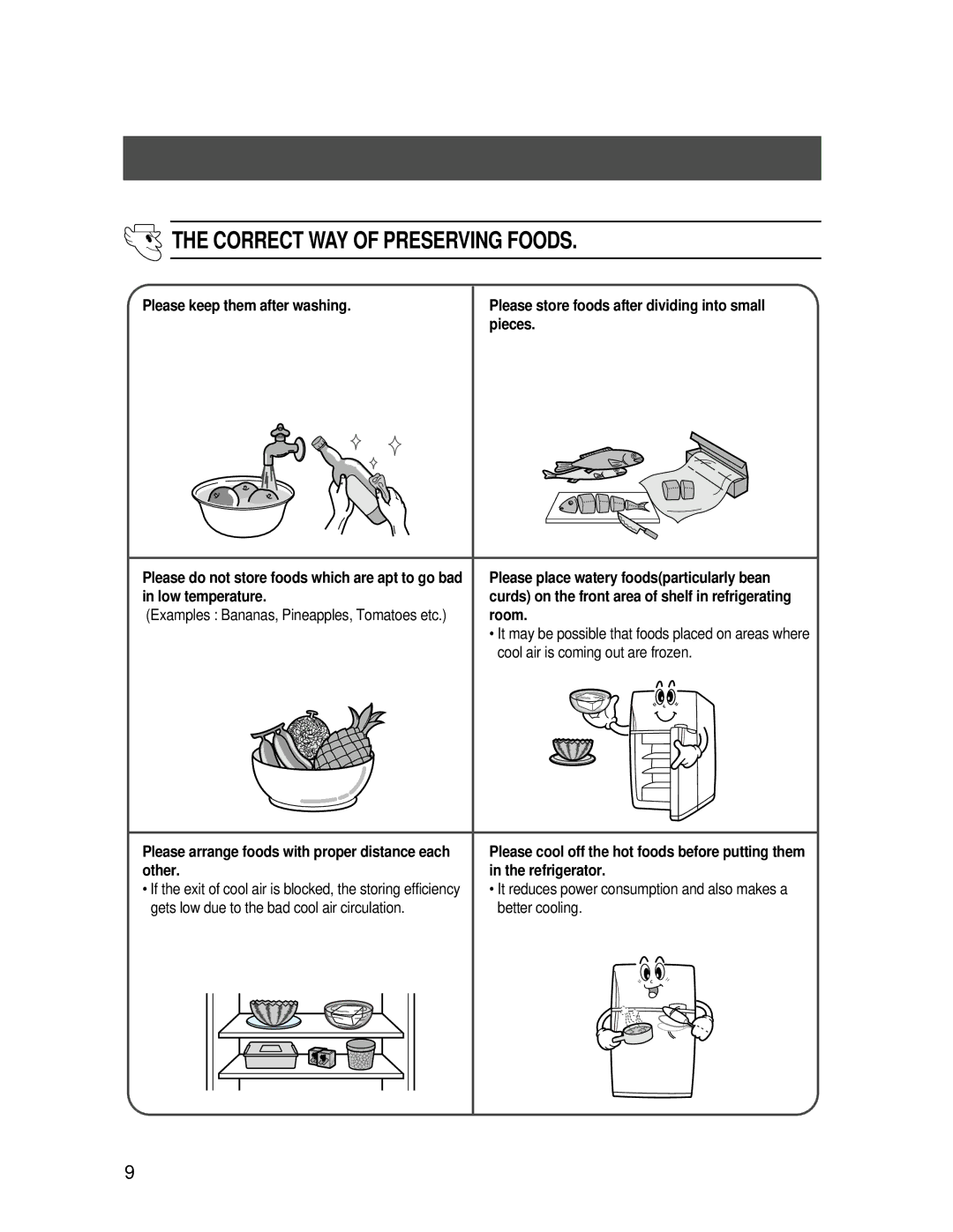 Samsung SR-688EV, SR-646EV, SR-686EV Correct WAY of Preserving Foods, Please arrange foods with proper distance each other 