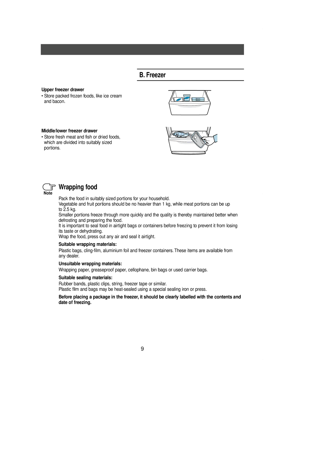 Samsung SR-L39, SR-L36 manual Freezer, Wrapping food 