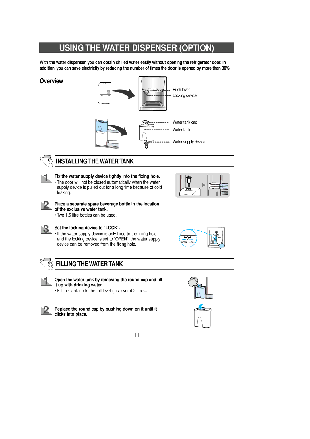 Samsung SR-L39, SR-L36 manual Using the Water Dispenser Option, Overview, Set the locking device to Lock 