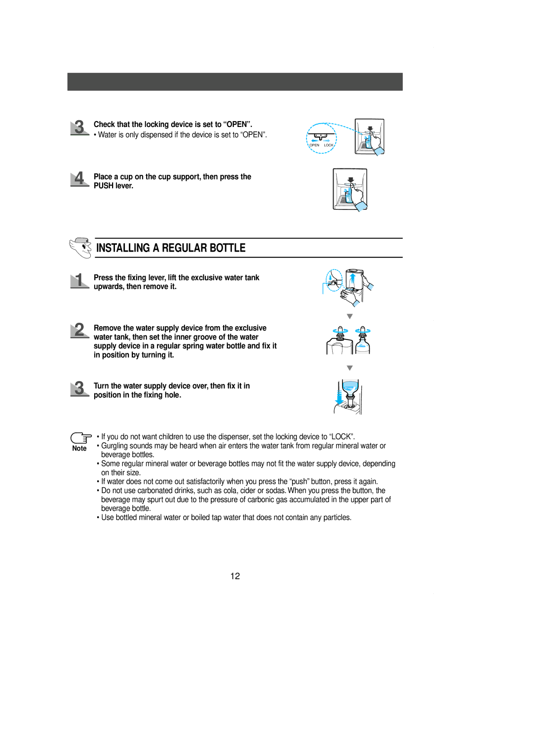 Samsung SR-L36 Check that the locking device is set to Open, Place a cup on the cup support, then press the Push lever 