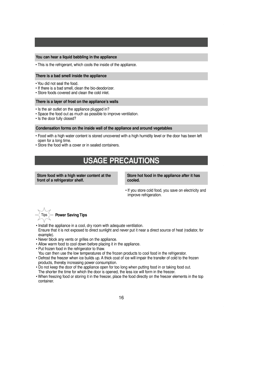 Samsung SR-L36, SR-L39 manual Usage Precautions, You can hear a liquid babbling in the appliance, Tips Power Saving Tips 