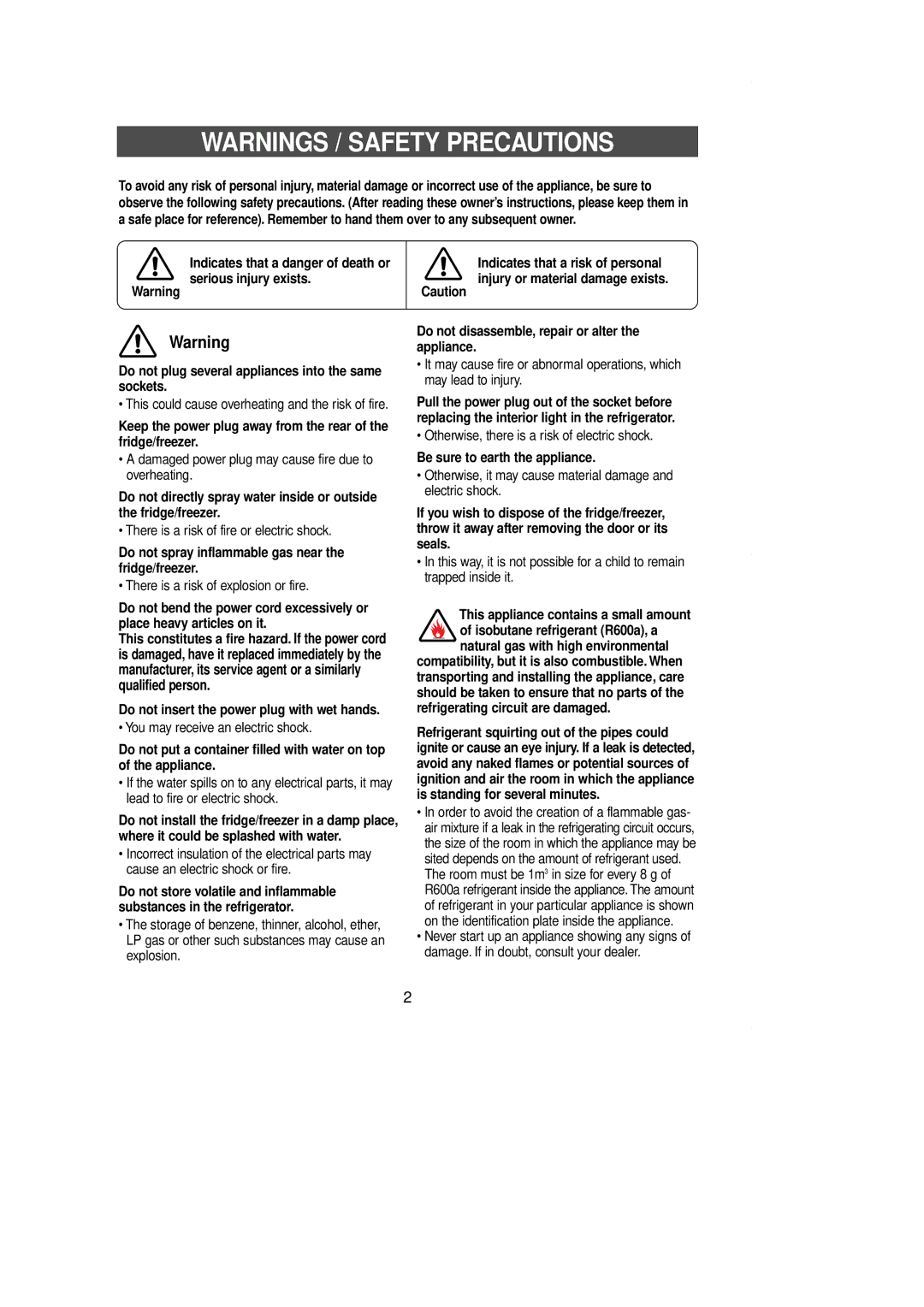 Samsung SR-L36, SR-L39 Do not spray inflammable gas near the fridge/freezer, Do not insert the power plug with wet hands 