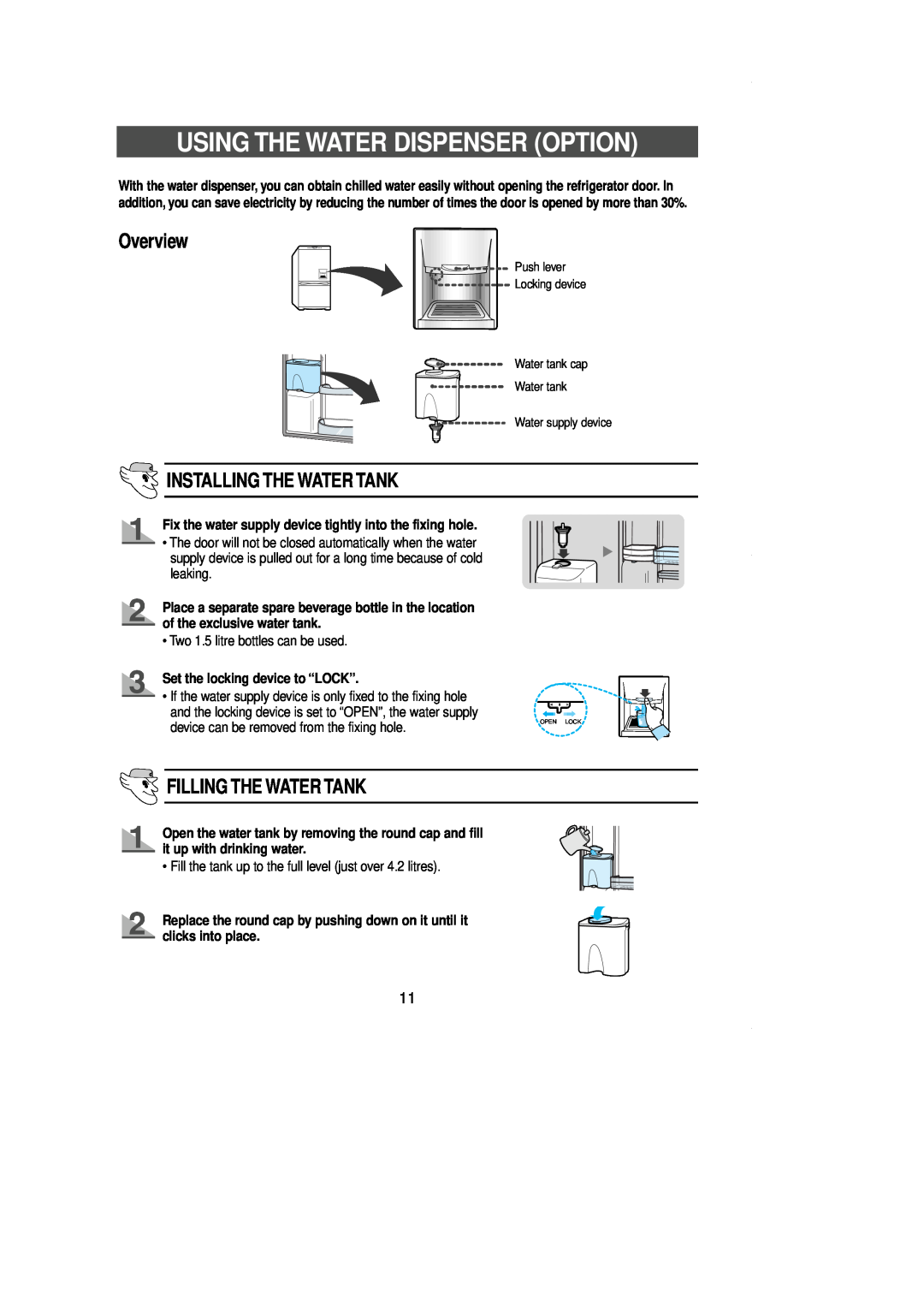 Samsung SR-L39 Using The Water Dispenser Option, Overview, Installing The Water Tank, Filling The Water Tank, Push lever 