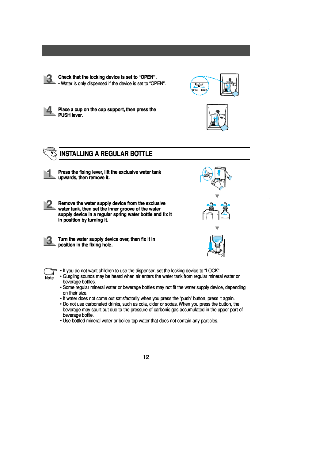 Samsung SR-L36 manual Installing A Regular Bottle, Check that the locking device is set to “OPEN”, upwards, then remove it 