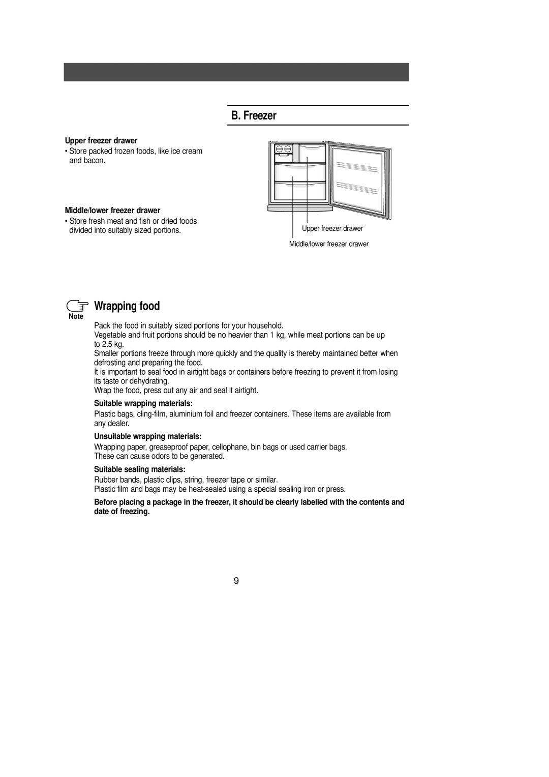 Samsung SR-L70, SR-L62, SR-L65, SR-L67 manual Freezer, Wrapping food 