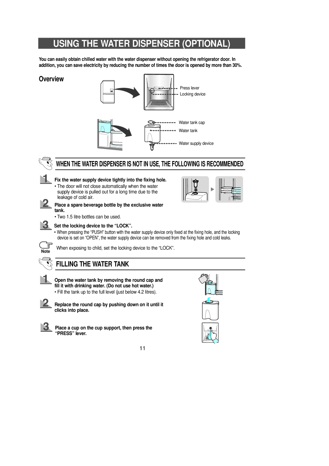 Samsung SR-L62, SR-L65, SR-L70, SR-L67 manual Using the Water Dispenser Optional, Overview, Filling the Water Tank 