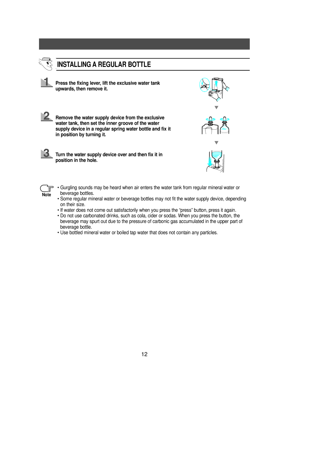 Samsung SR-L65, SR-L62, SR-L70, SR-L67 manual Installing a Regular Bottle, Beverage bottles 