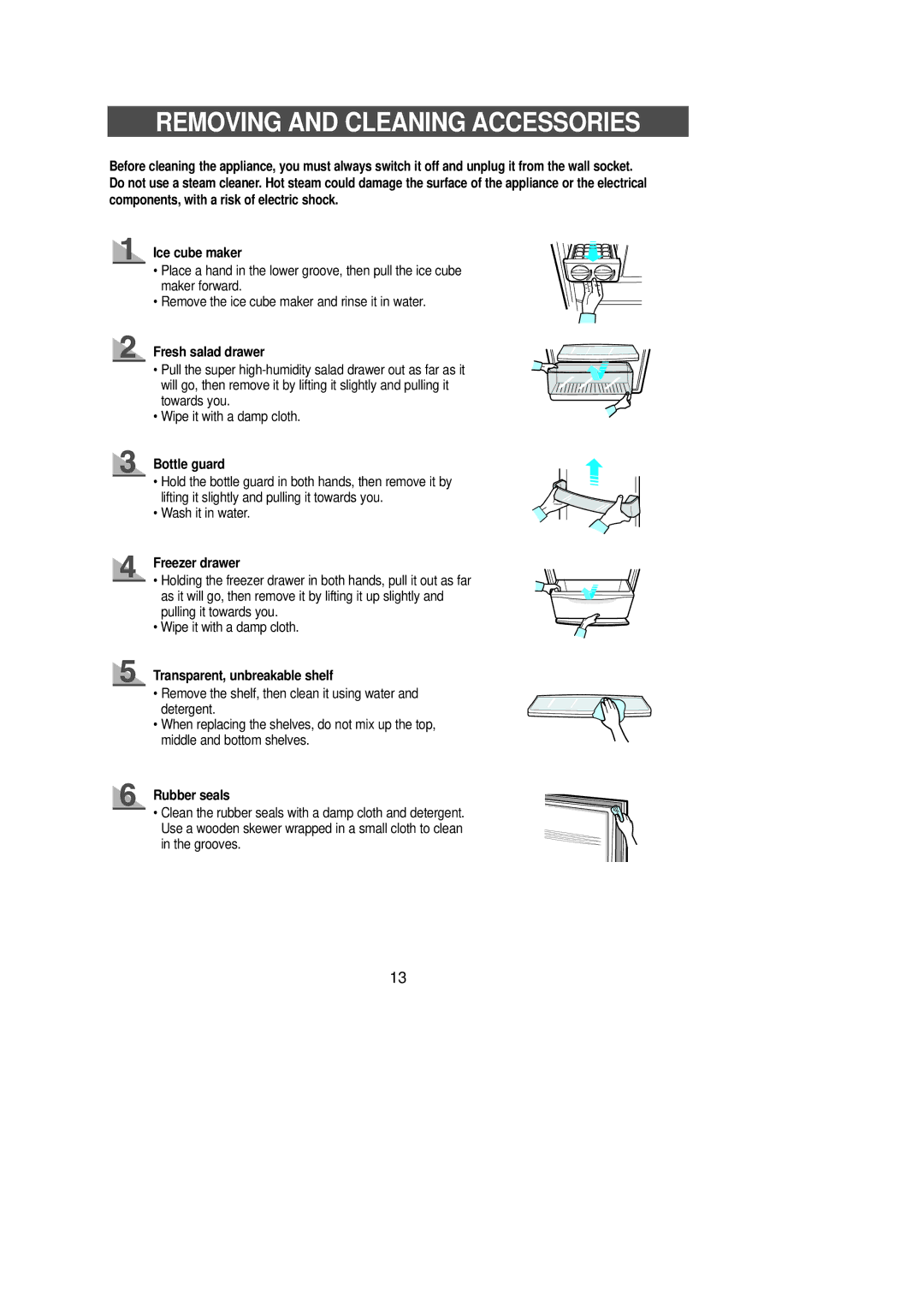 Samsung SR-L70, SR-L62, SR-L65, SR-L67 Removing and Cleaning Accessories, Wash it in water, Freezer drawer, Rubber seals 