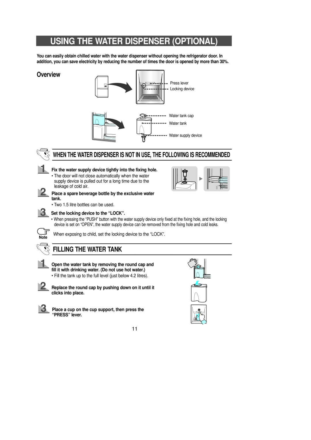 Samsung SR-L62, SR-L65, SR-L70, SR-L67 manual Using The Water Dispenser Optional, Overview, Filling The Water Tank 