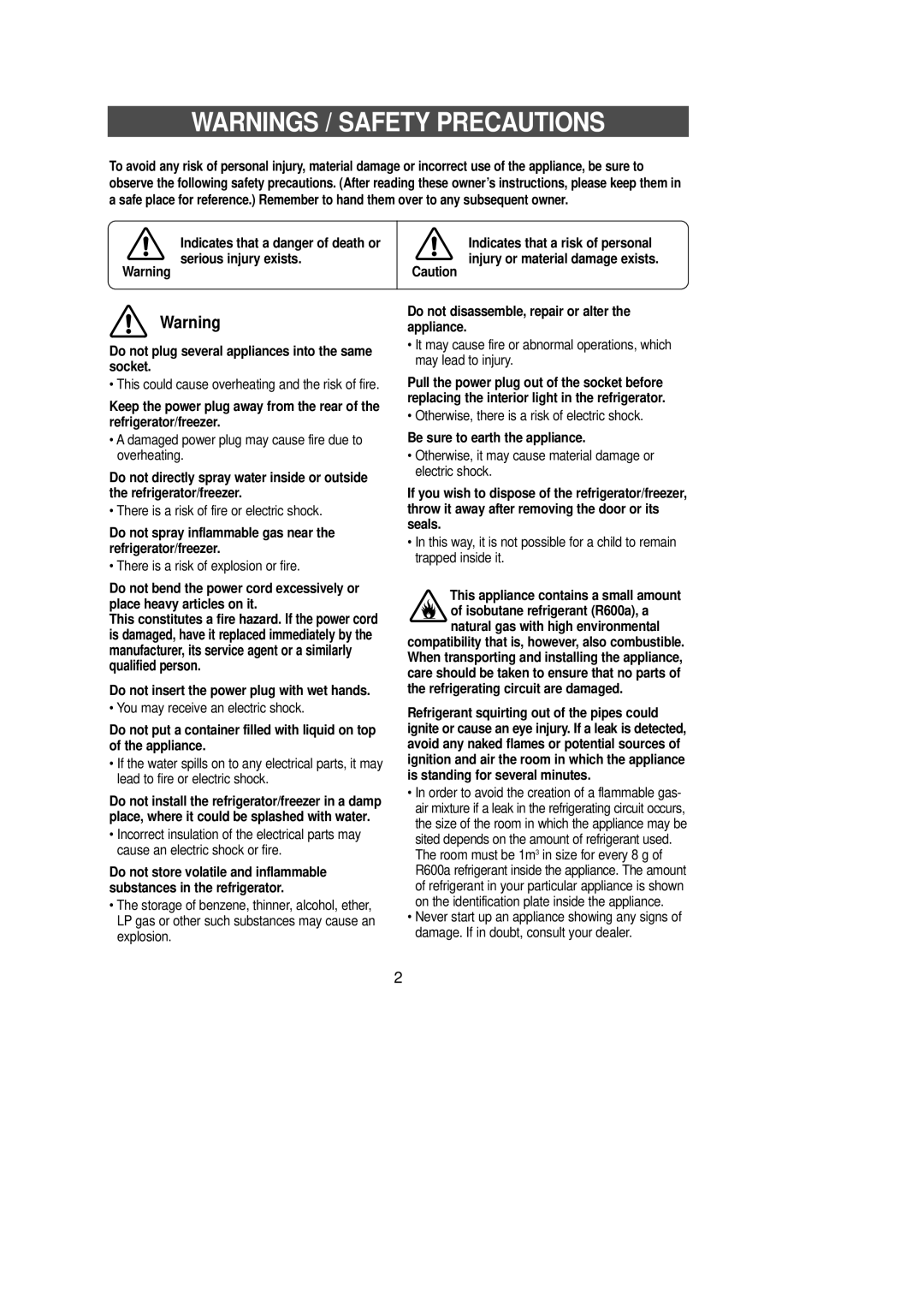 Samsung SR-L67, SR-L62, SR-L65, SR-L70 manual Warnings / Safety Precautions 
