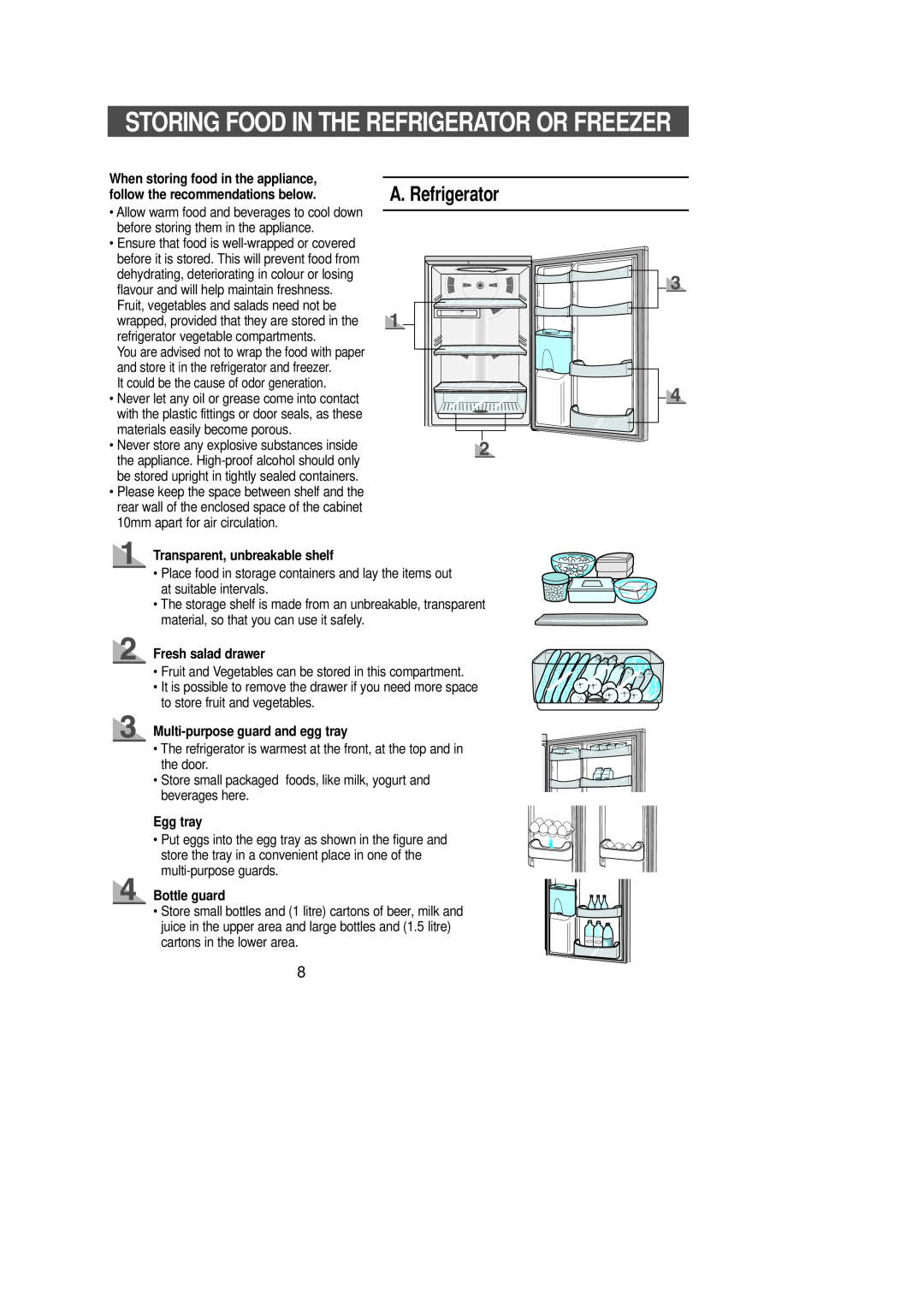 Samsung SR-L65, SR-L62, SR-L70, SR-L67 manual Storing Food In The Refrigerator Or Freezer, A. Refrigerator 