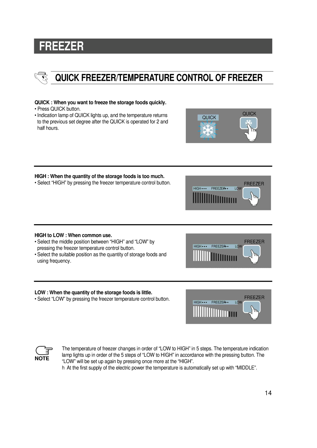 Samsung SR-L676EV, SR-L626EV, SR-L628EV, SR-L678EV manual Freezer, Quick When you want to freeze the storage foods quickly 