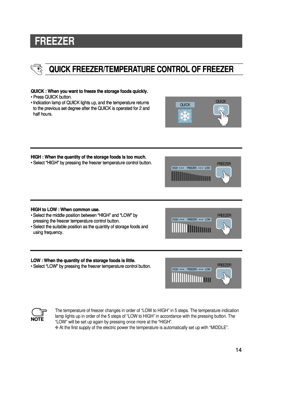 Samsung SR-L676EV, SR-L626EV, SR-L628EV manual Quick Freezer/Temperature Control Of Freezer, HIGH to LOW When common use 