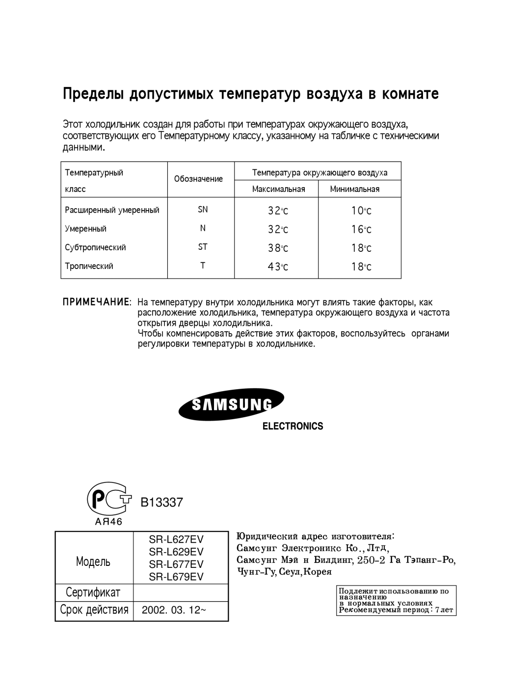 Samsung SG629ECSWH/BUS, SR-L629EV, SG629EVNBH/BWT, SG629ECSWH/BWT manual Ределы допустимых температур воздуха в комнате 