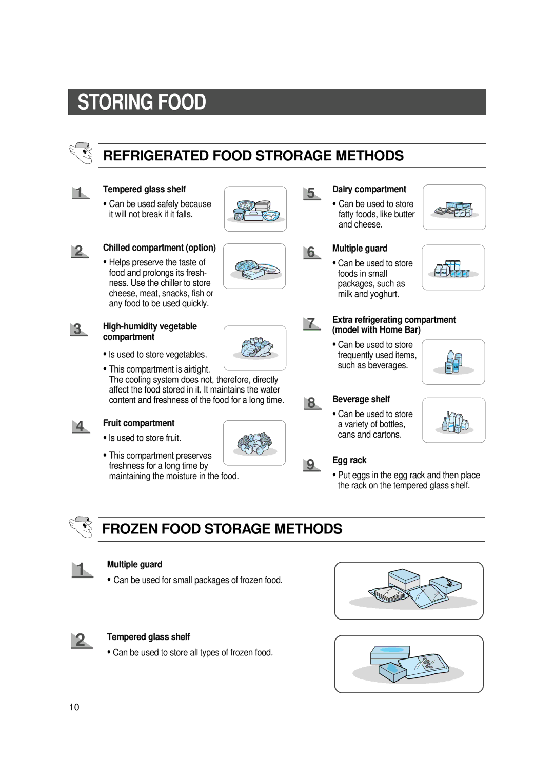 Samsung SR-S22, SR-S20 user manual Storing Food, Refrigerated Food Strorage Methods, Frozen Food Storage Methods 