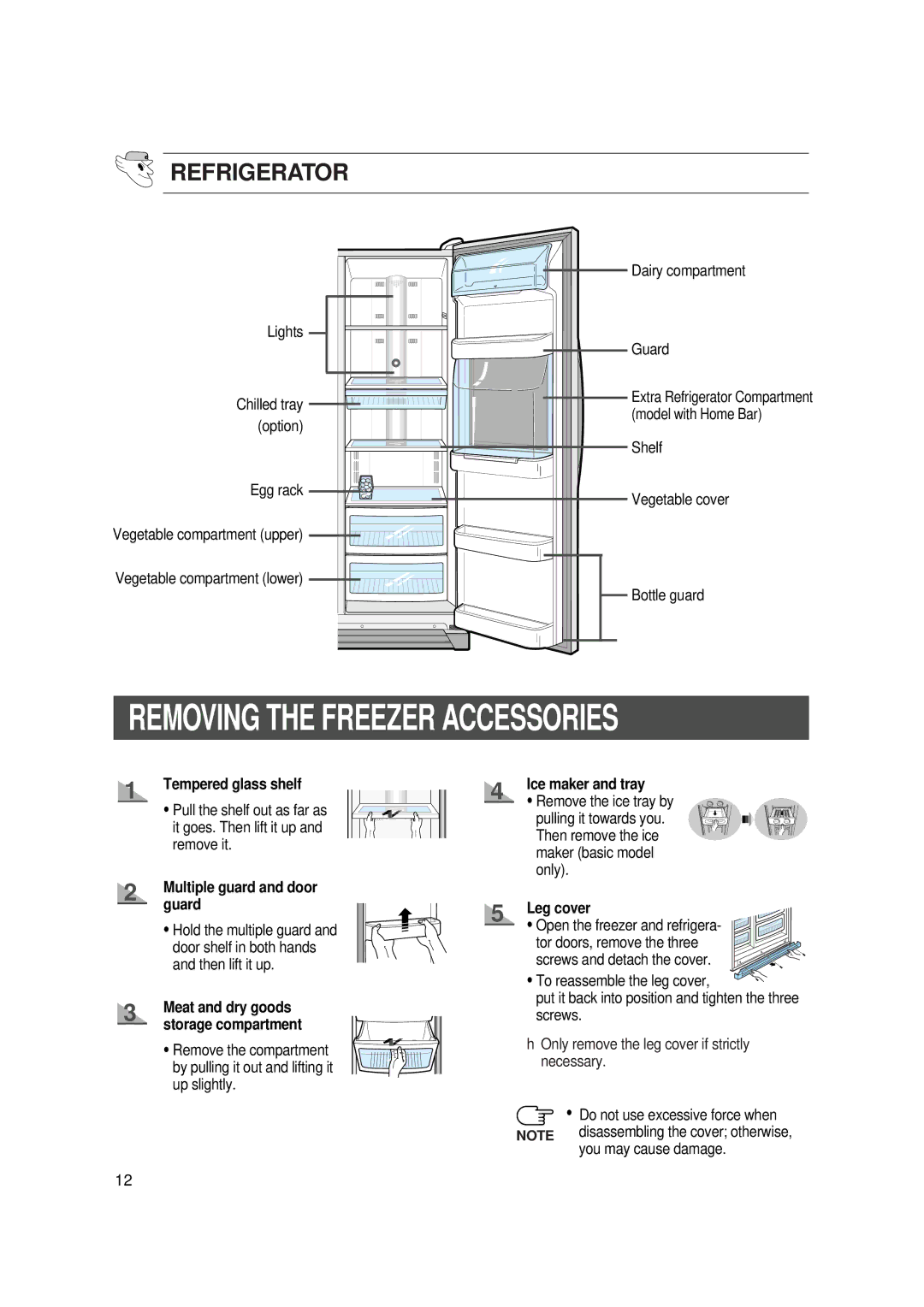 Samsung SR-S22, SR-S20 user manual Removing the Freezer Accessories, Refrigerator, Guard, Ice maker and tray, Leg cover 