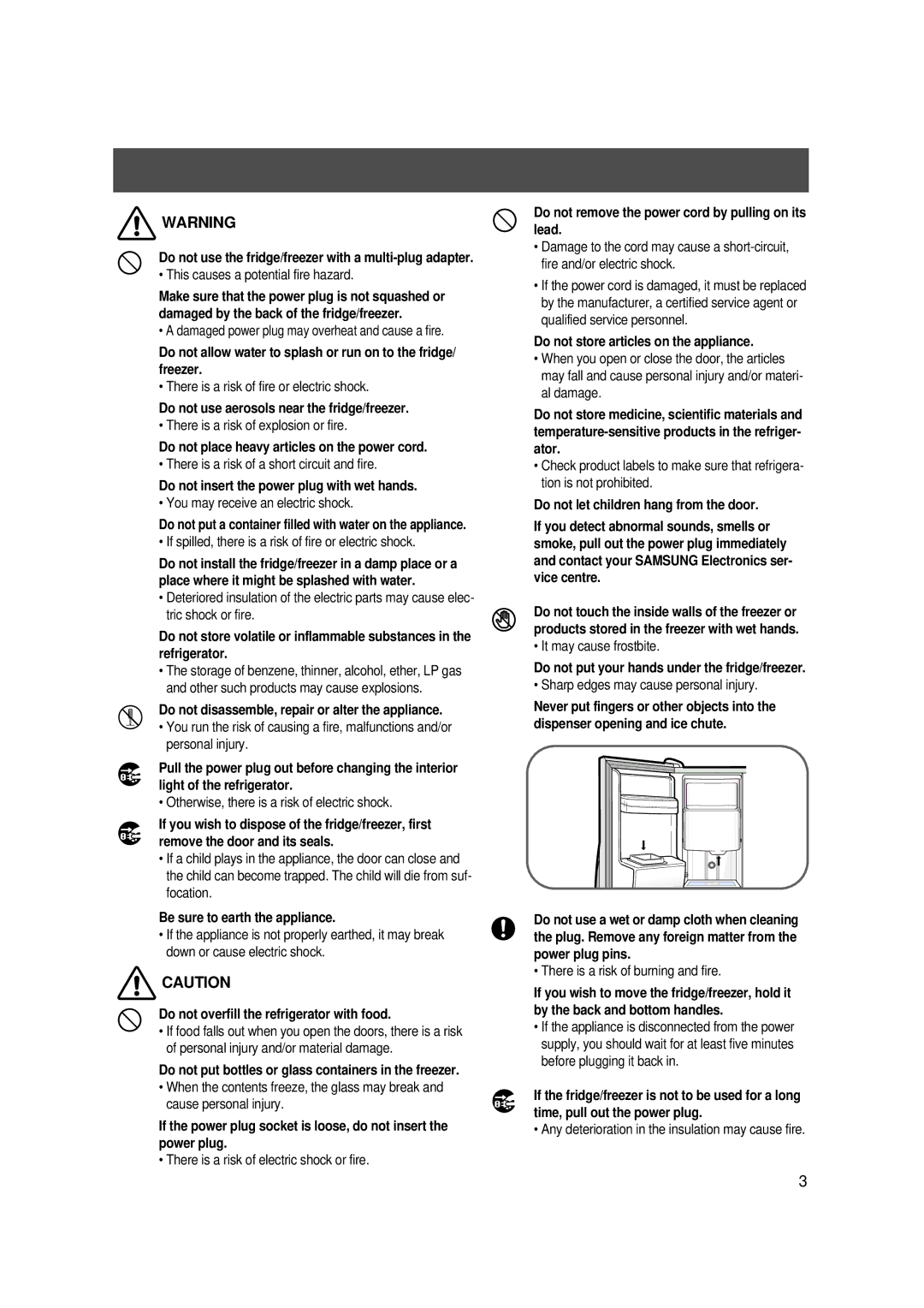 Samsung SR-S20, SR-S22 user manual Do not use aerosols near the fridge/freezer 