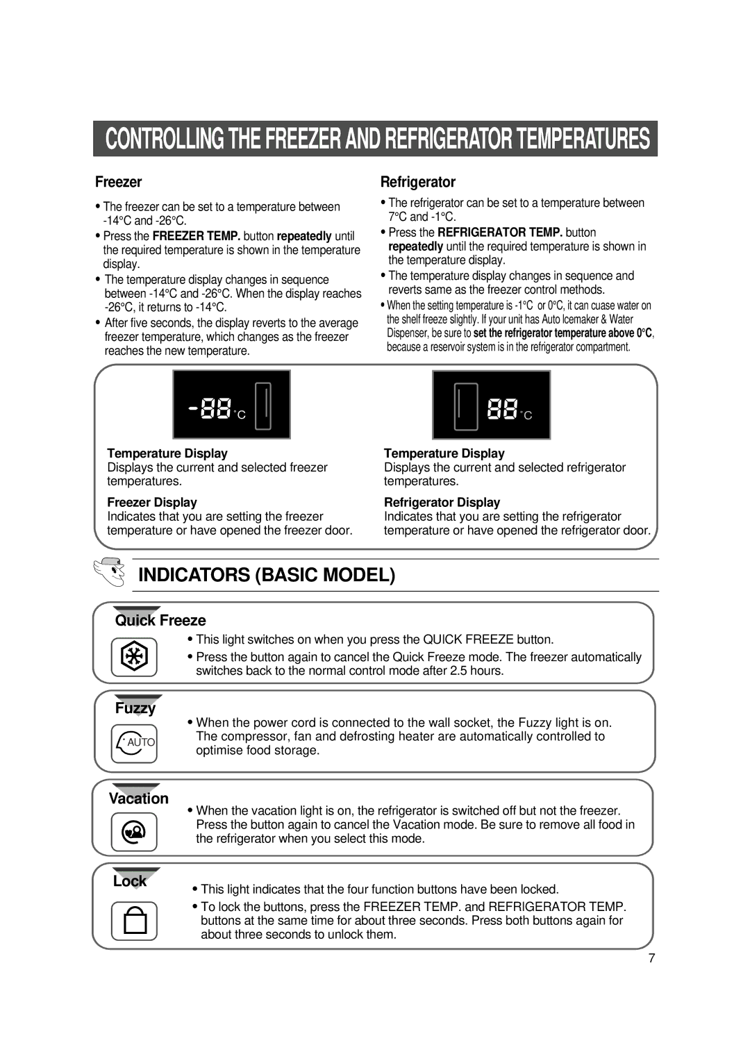 Samsung SR-S20, SR-S22 user manual Indicators Basic Model, Temperature Display, Freezer Display, Refrigerator Display 