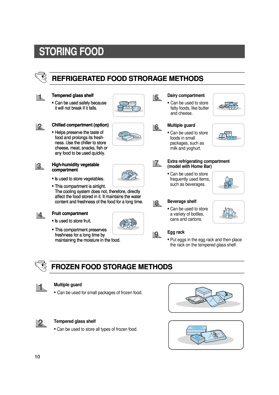 Samsung SR-S22, SR-S20 Storing Food, Refrigerated Food Strorage Methods, Frozen Food Storage Methods, Tempered glass shelf 