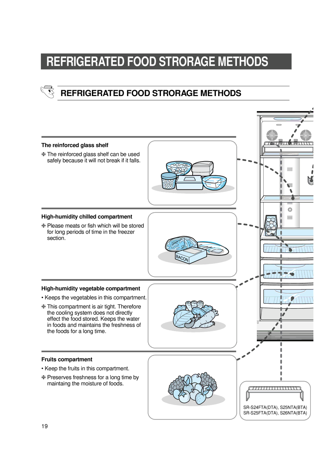 Samsung SR-S25, SR-S28BTA Refrigerated Food Strorage Methods, Reinforced glass shelf, High-humidity chilled compartment 