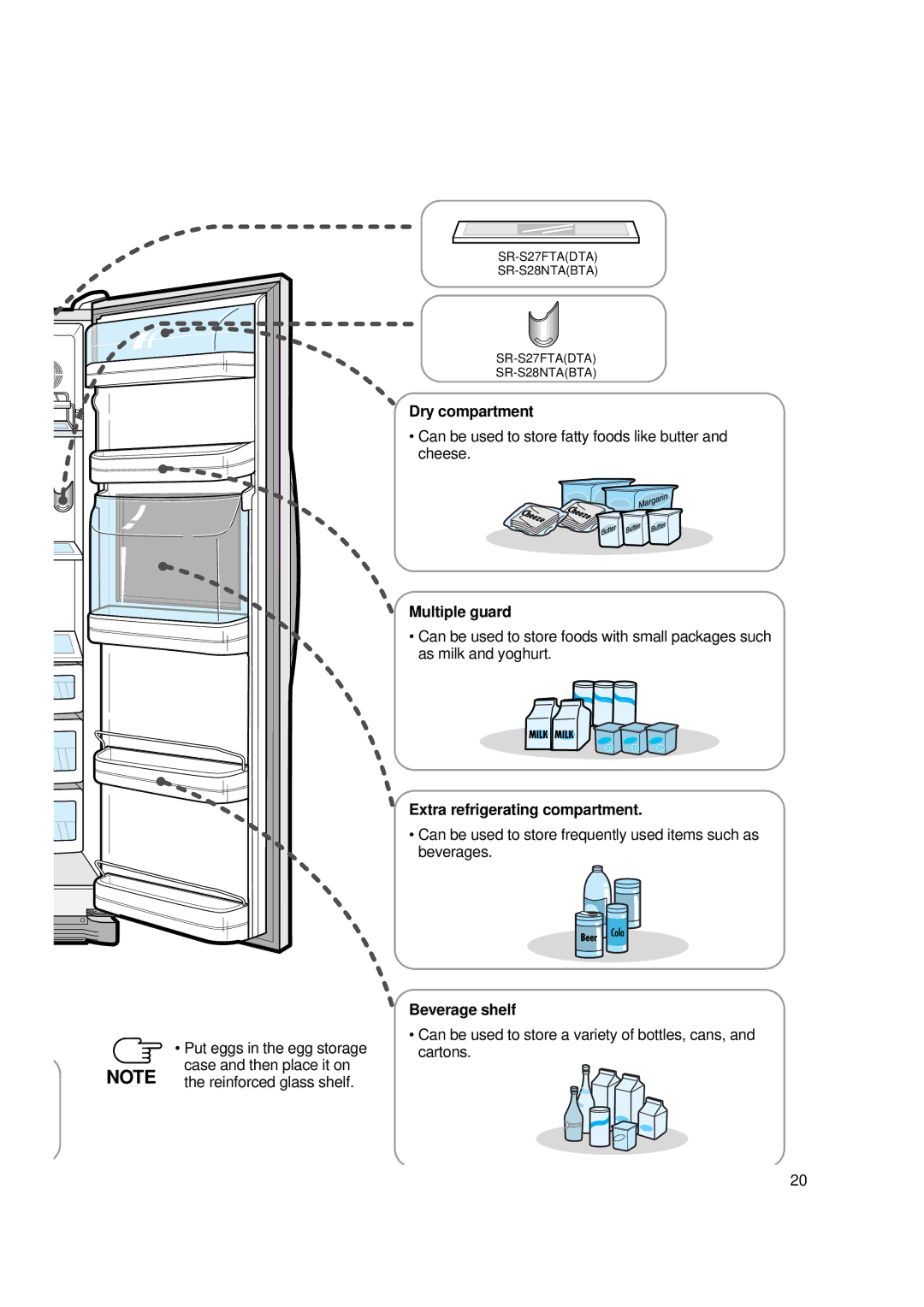 Samsung SR-S27FTA, SR-S28BTA, SR-S27DTA, SR-S25, SR-S26 Dry compartment, Extra refrigerating compartment, Beverage shelf 