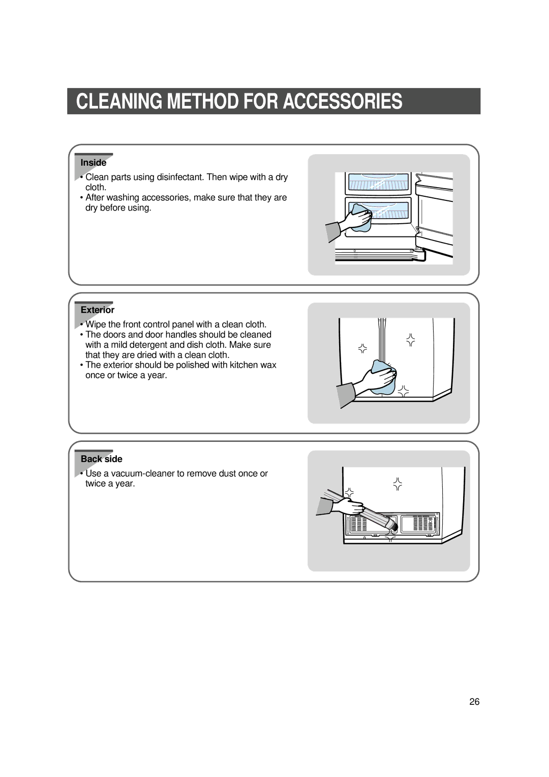 Samsung SR-S27FTA, SR-S28BTA, SR-S27DTA, SR-S25, SR-S26 Cleaning Method for Accessories, Inside, Exterior, Back side 