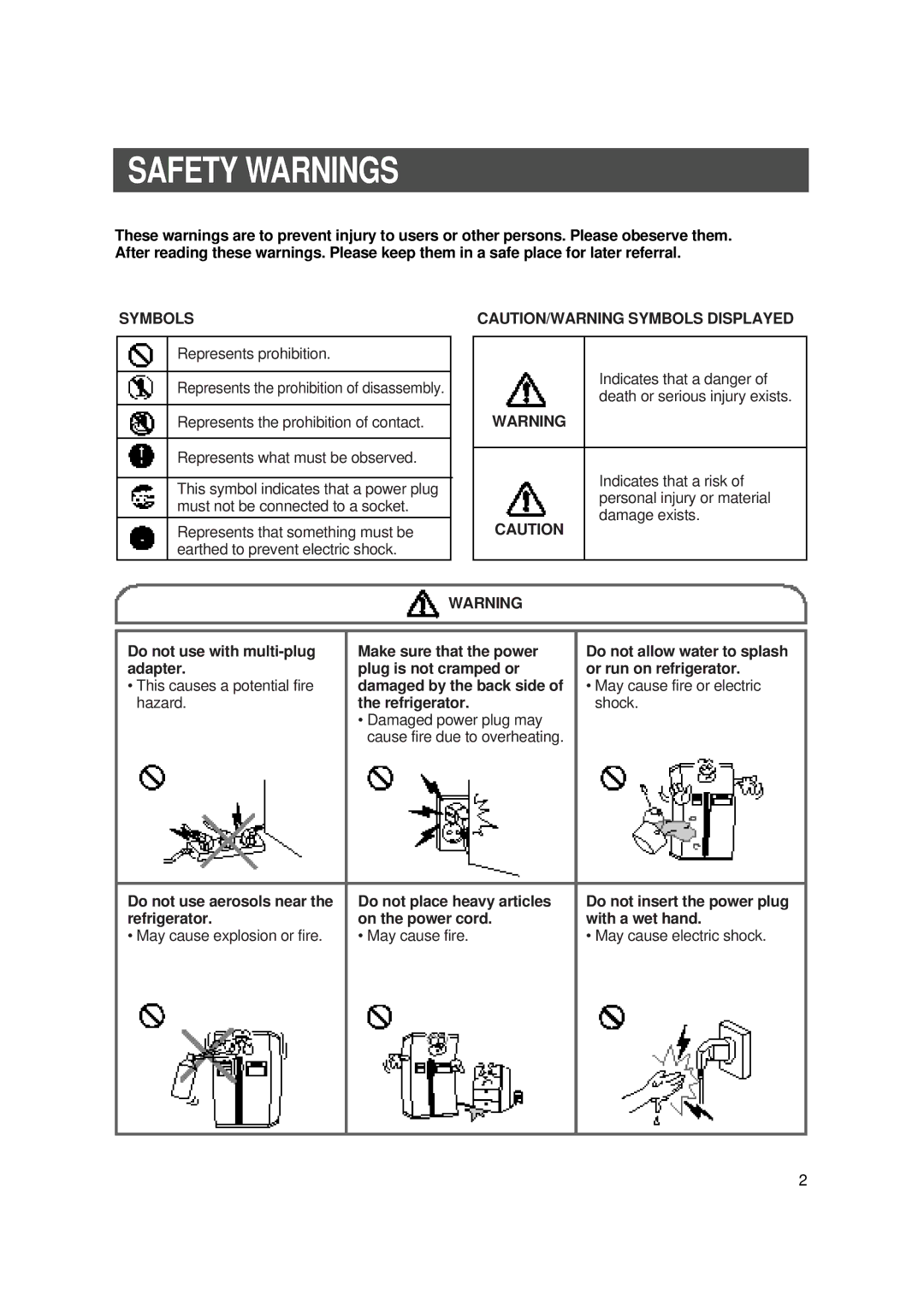 Samsung SR-S27FTA, SR-S28BTA, SR-S27DTA, SR-S25, SR-S26, SR-S28NTA Safety Warnings, Do not use with multi-plug adapter 