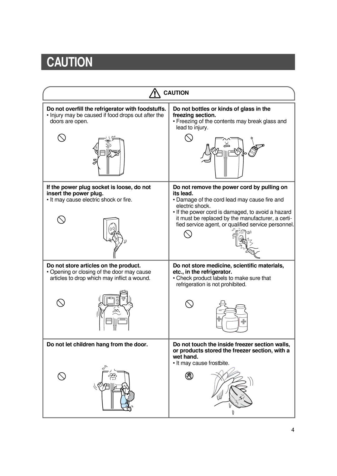 Samsung SR-S28NTA, SR-S28BTA, SR-S27DTA Freezing section, Do not store articles on the product, Etc., in the refrigerator 