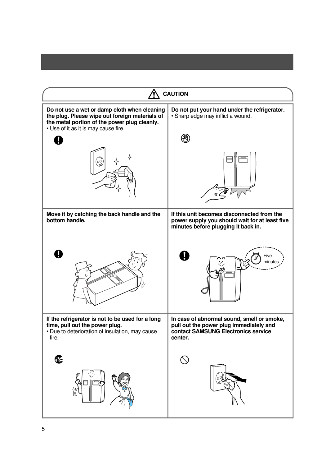 Samsung SR-S28BTA, SR-S27DTA, SR-S25, SR-S27FTA, SR-S26, SR-S28NTA Do not put your hand under the refrigerator 