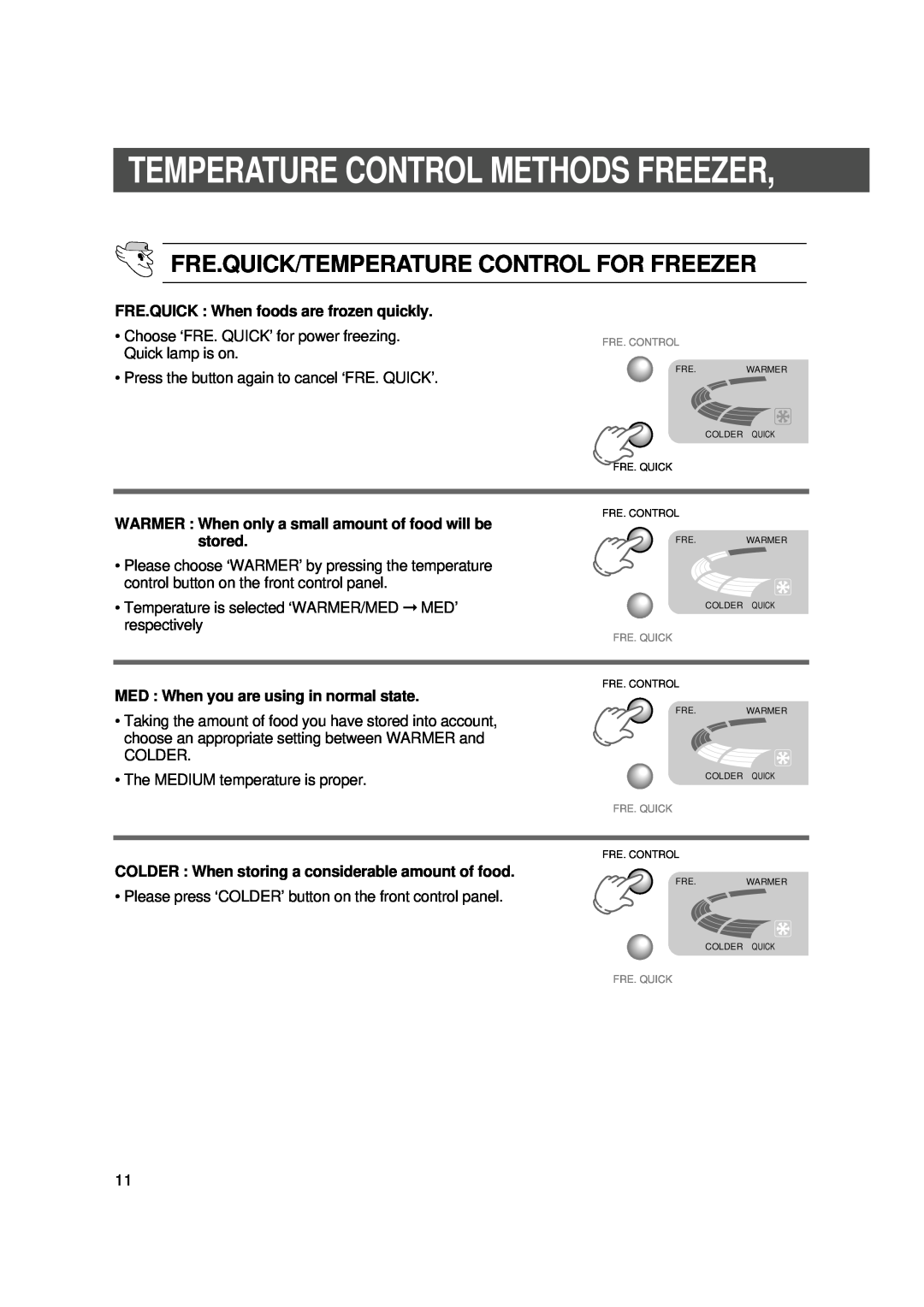 Samsung SR-S28BTA, SR-S27DTA, SR-S25 Temperature Control Methods Freezer, Fre.Quick/Temperature Control For Freezer, stored 